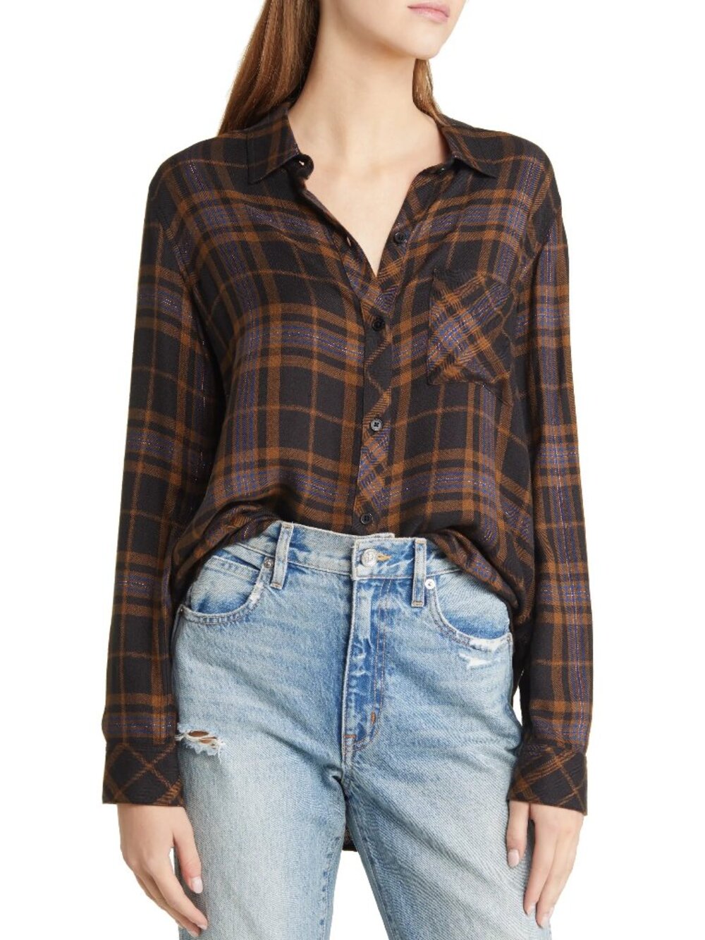 Rails Women's Hunter Camel Black Lurex Plaid Button-Up Shirt Pattern Size Large